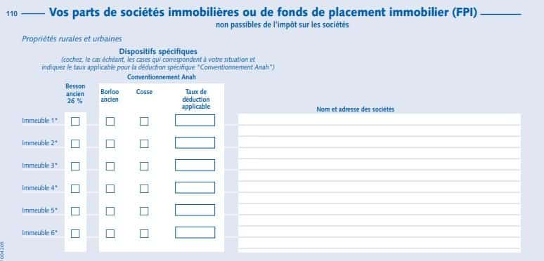 Cerfa 2044 revenus fonciers SCPI ligne 110